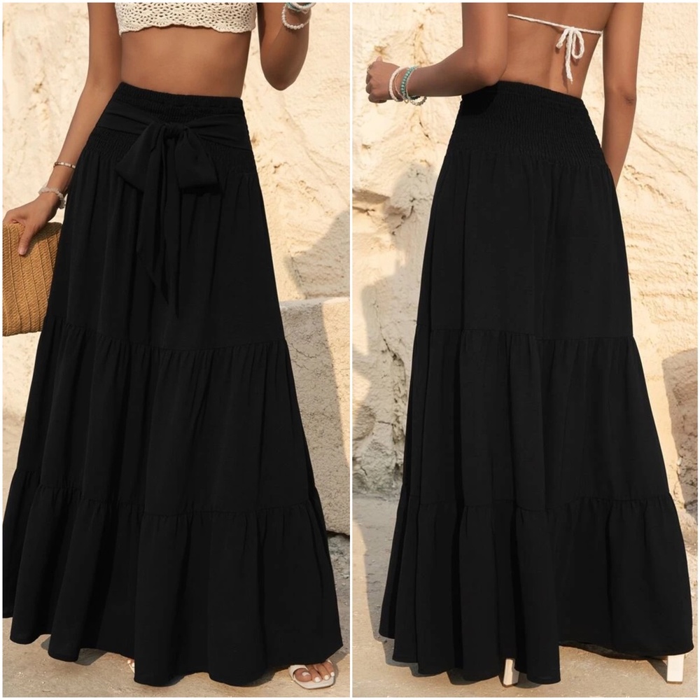 Boho High Waisted Front tie Ruffle flowy Maxi Skirt - Picture 8 of 9